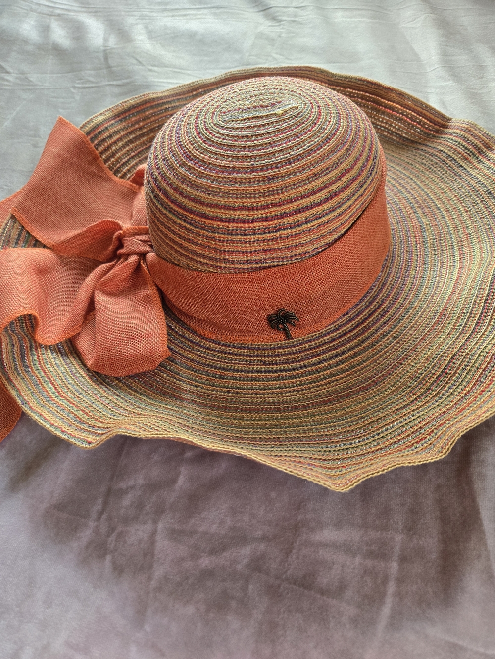 Wide Brim Women's Sun Hat with Orange Ribbon and Embroidered Palm